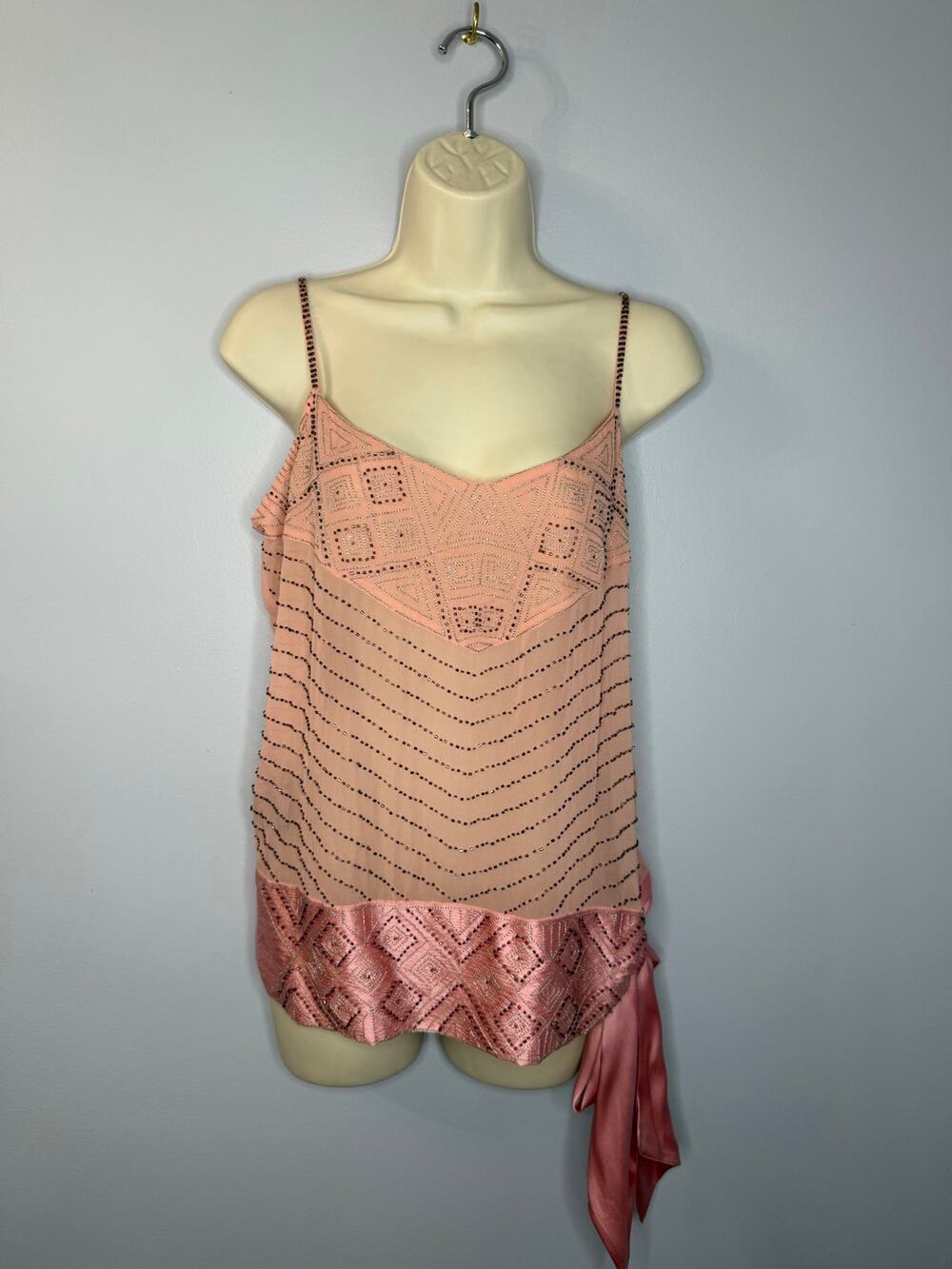 Vintage Y2K Bebe Silk Beaded Cami Top Tie Waist Pink Peach Sheer Women's L